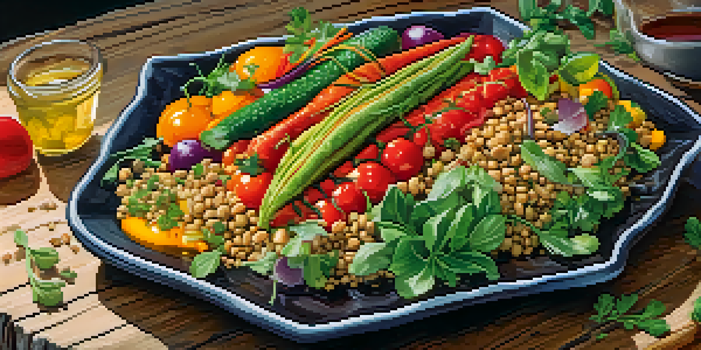 A beautifully arranged vegan dish with fresh vegetables and grains on a wooden table, illuminated by soft natural light.