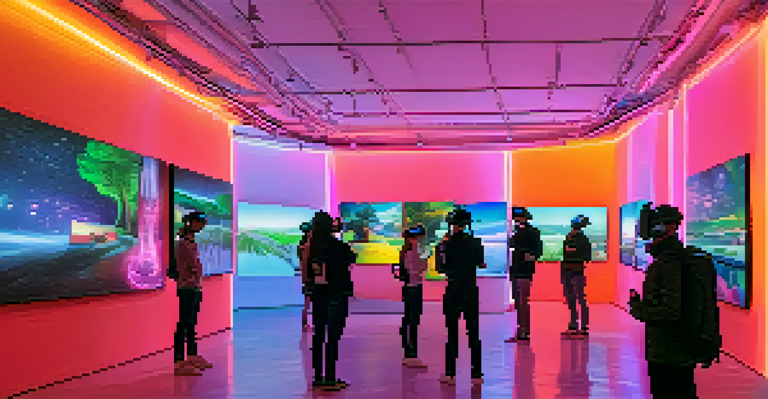 A modern gallery showcasing digital art with visitors interacting through virtual reality installations and colorful displays.