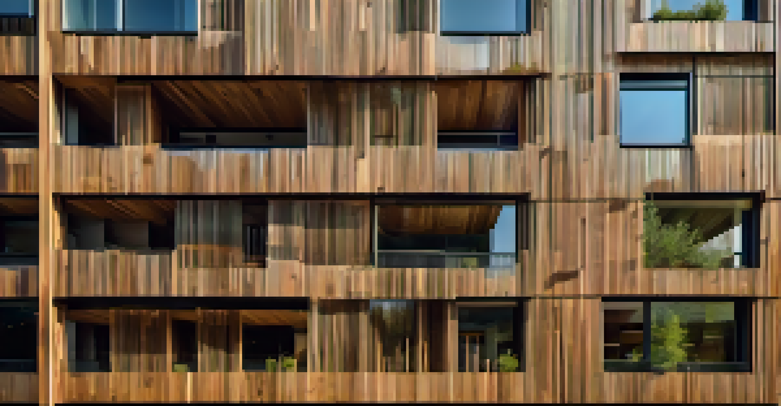 Close-up of a cross-laminated timber facade of a modern building in New York City.