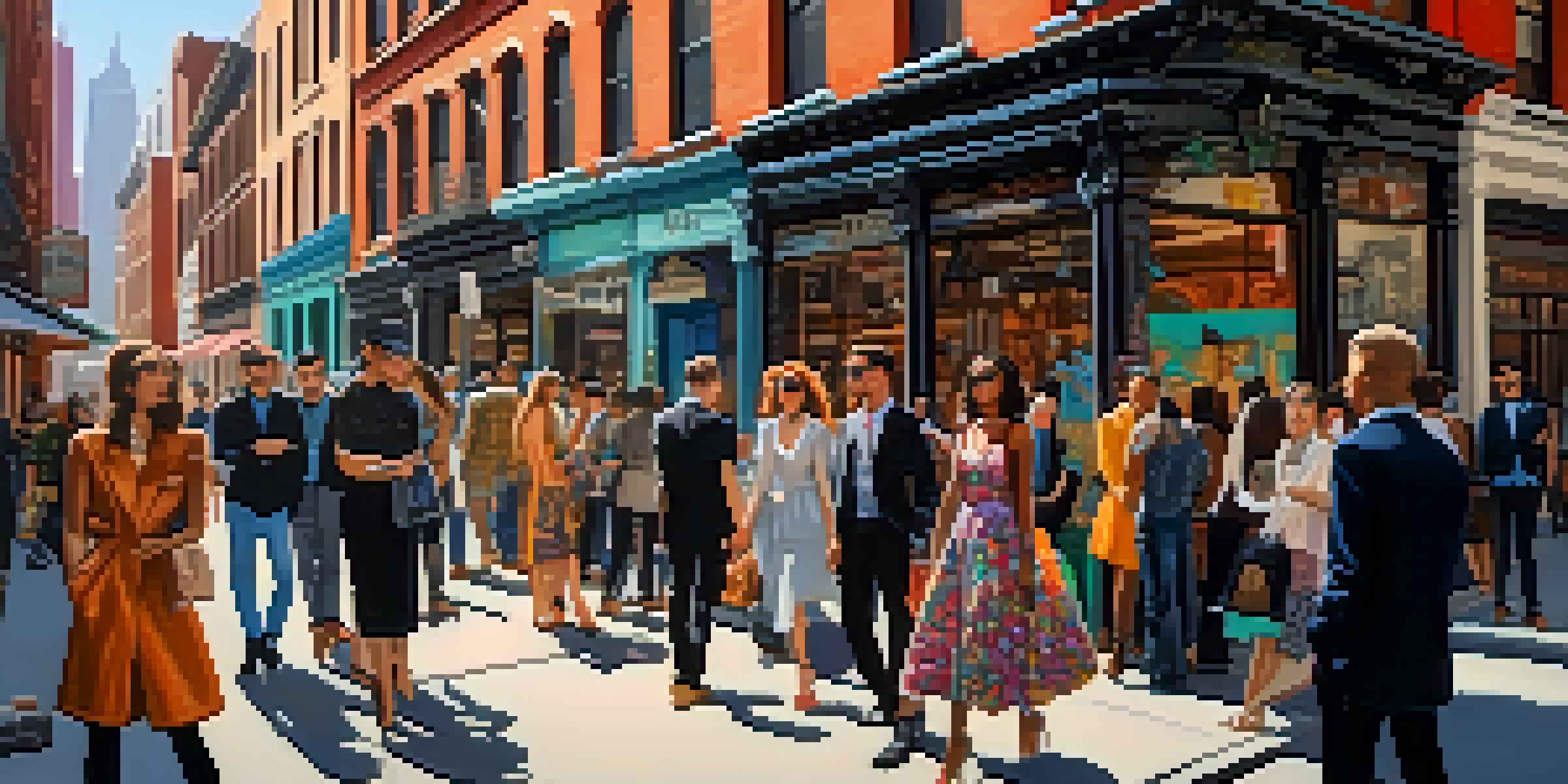 A bustling street in SoHo, New York City, filled with people dressed in diverse and stylish outfits against a backdrop of historic buildings and colorful street art.