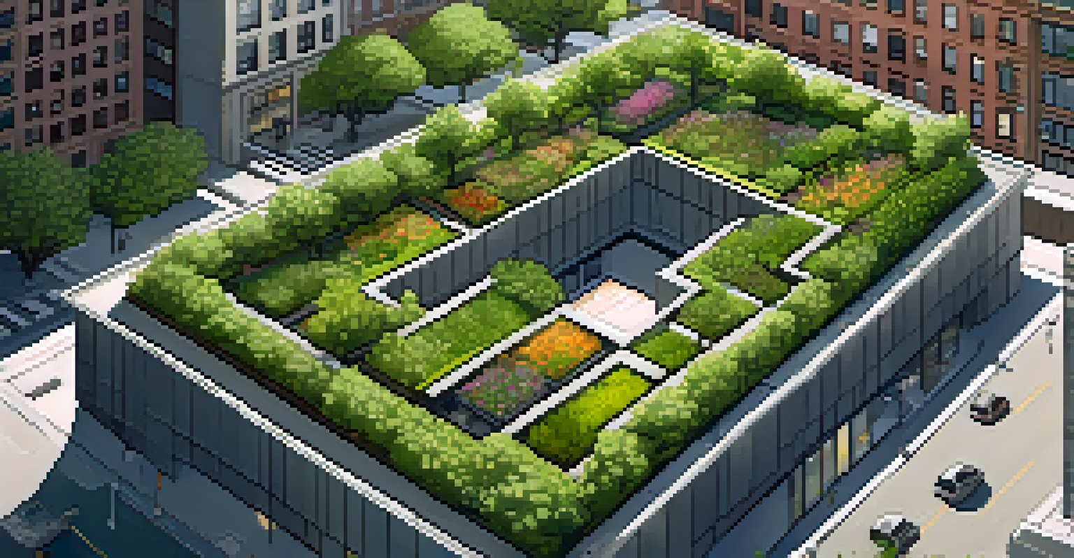 Aerial view of a city block in New York with green roofs and rooftop gardens amidst urban buildings.