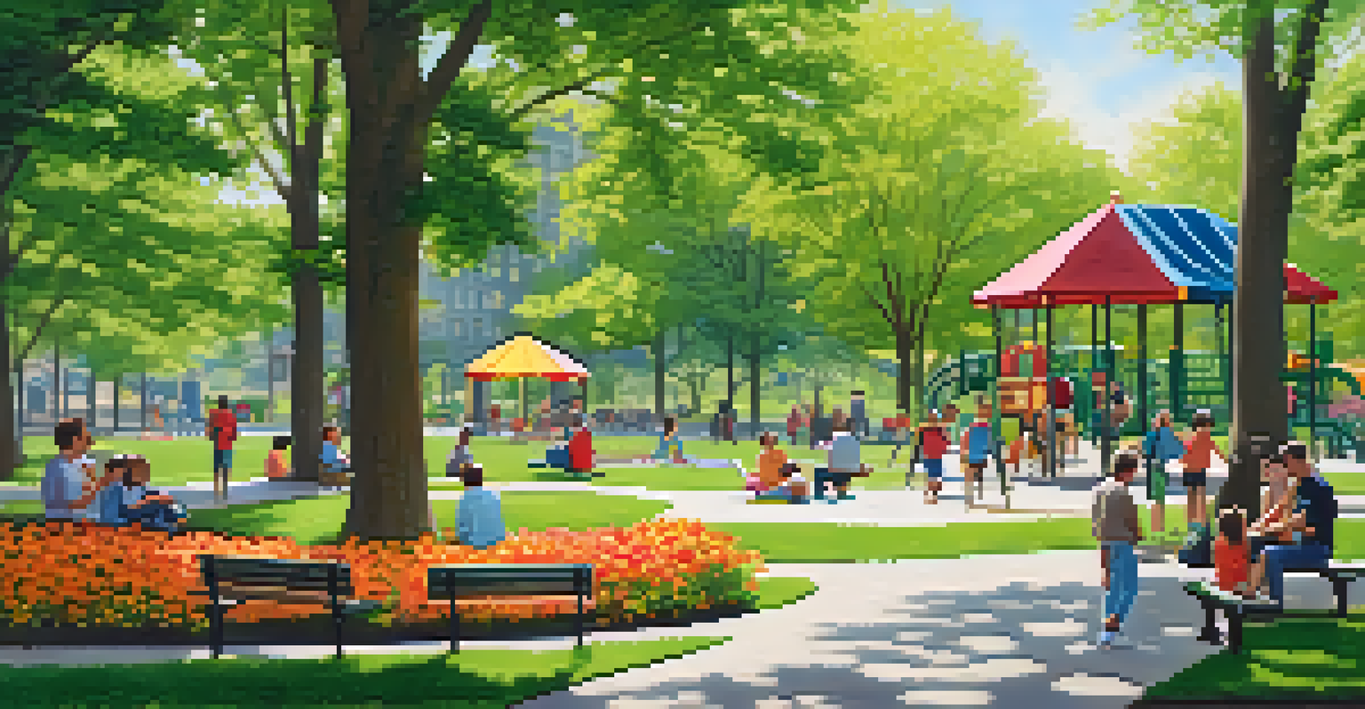 A community park in New York City with families, children playing, and blooming flowers under a sunny sky.