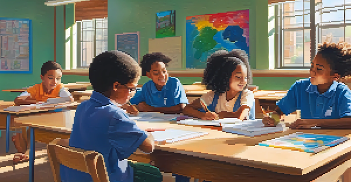 A diverse group of students working collaboratively on a project in a colorful classroom filled with educational materials and warm sunlight.
