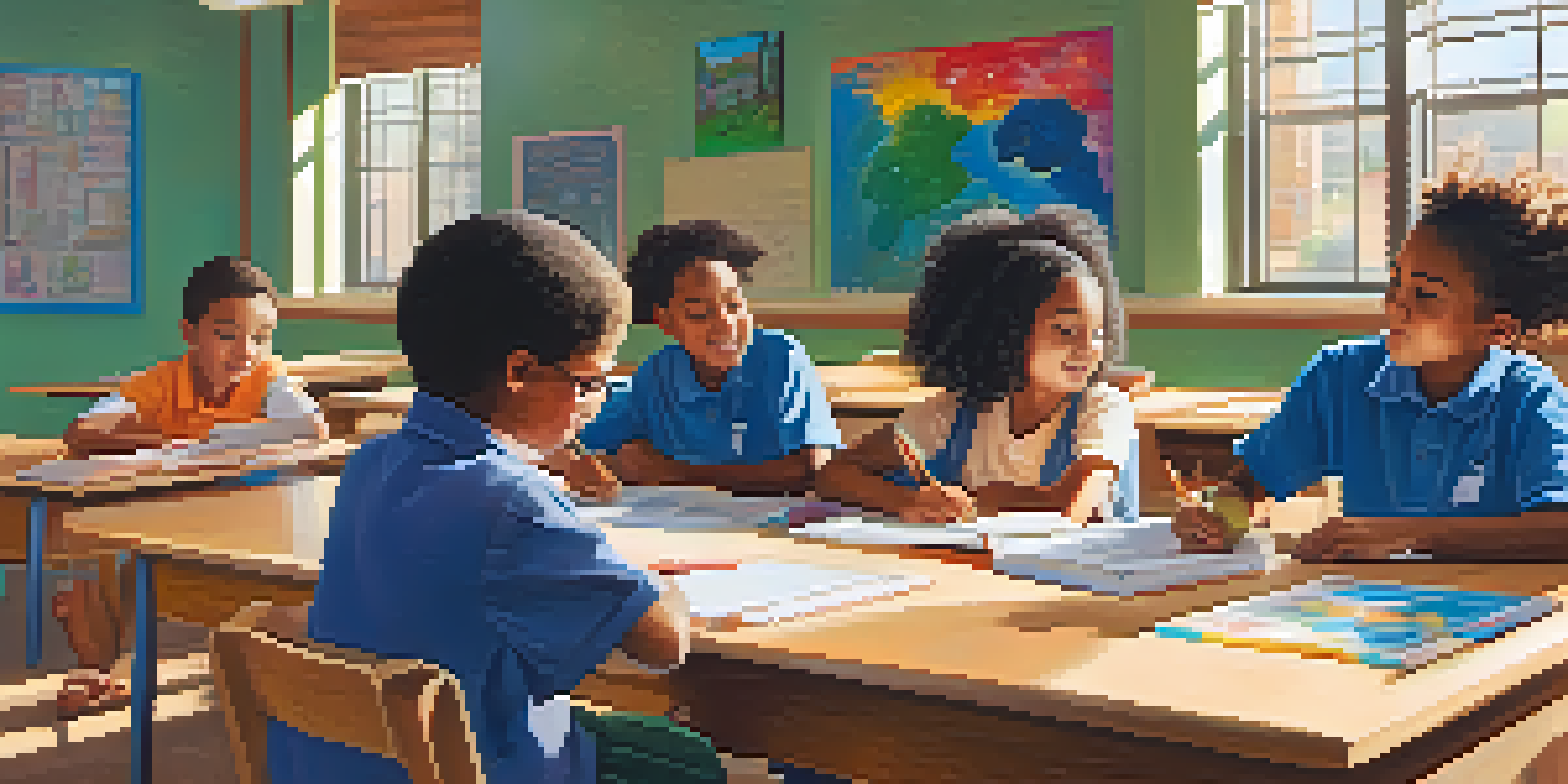 A diverse group of students working collaboratively on a project in a colorful classroom filled with educational materials and warm sunlight.