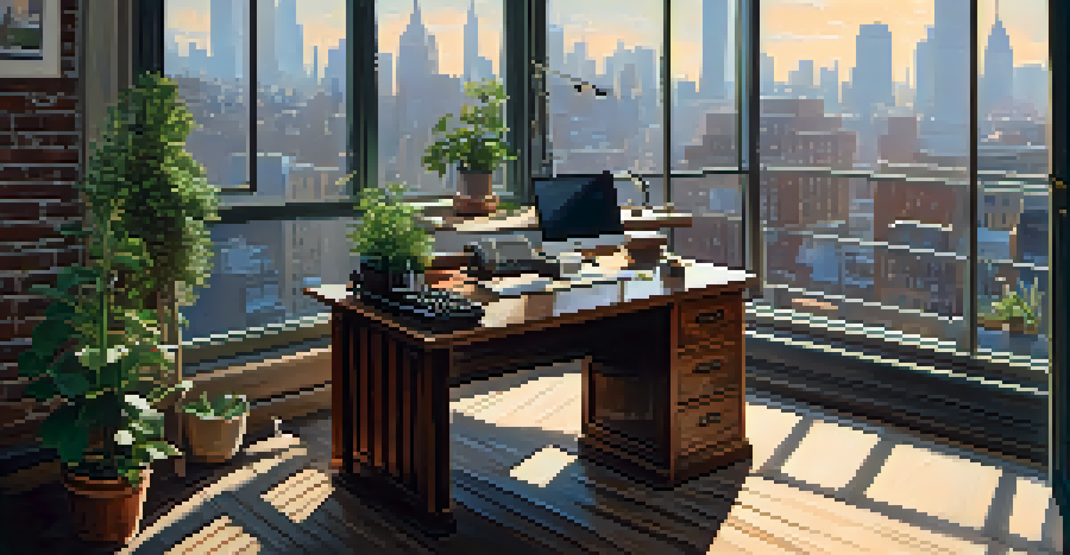 A cozy home office in New York City with a wooden desk, vintage typewriter, and a view of the city through a large window, illuminated by warm sunlight.