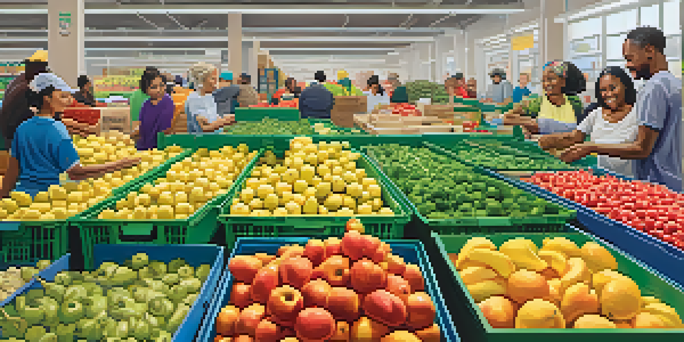 Diverse volunteers sorting food at a food bank in NYC, showcasing teamwork and community spirit.