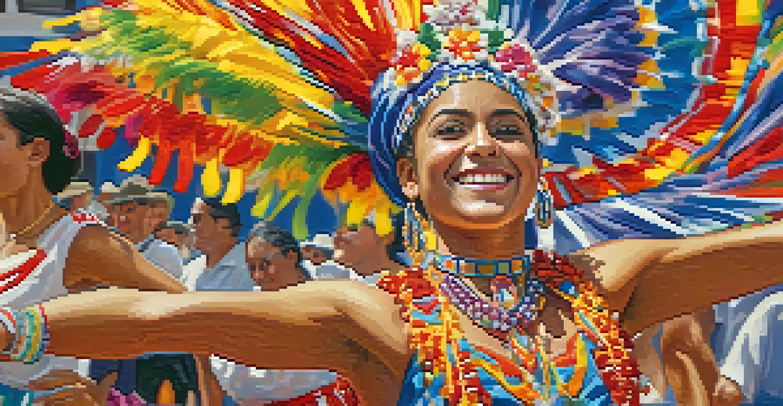 A joyful young Puerto Rican dancer in traditional attire, smiling and performing during the parade, with spectators blurred in the background.