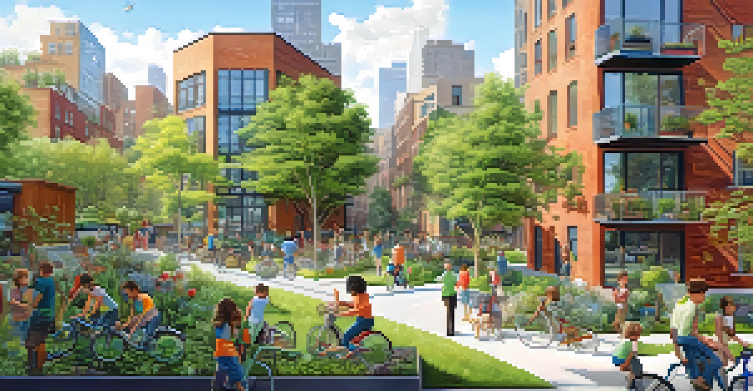A sustainable urban development in NYC with eco-friendly buildings, green spaces, and community gardens, emphasizing environmental consciousness.
