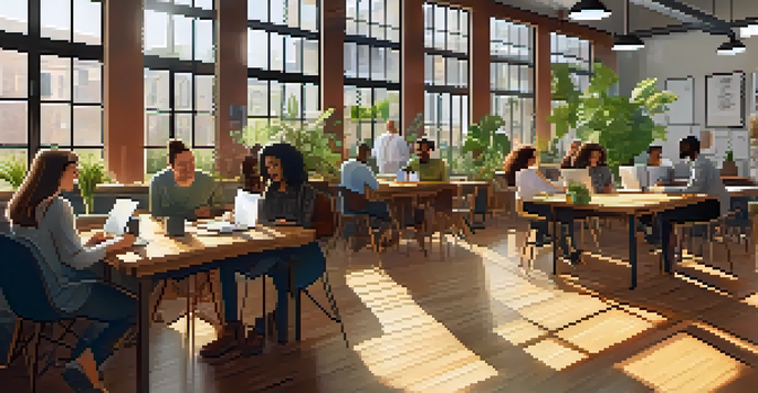 A colorful coworking space busy with people working together, with natural light and greenery.