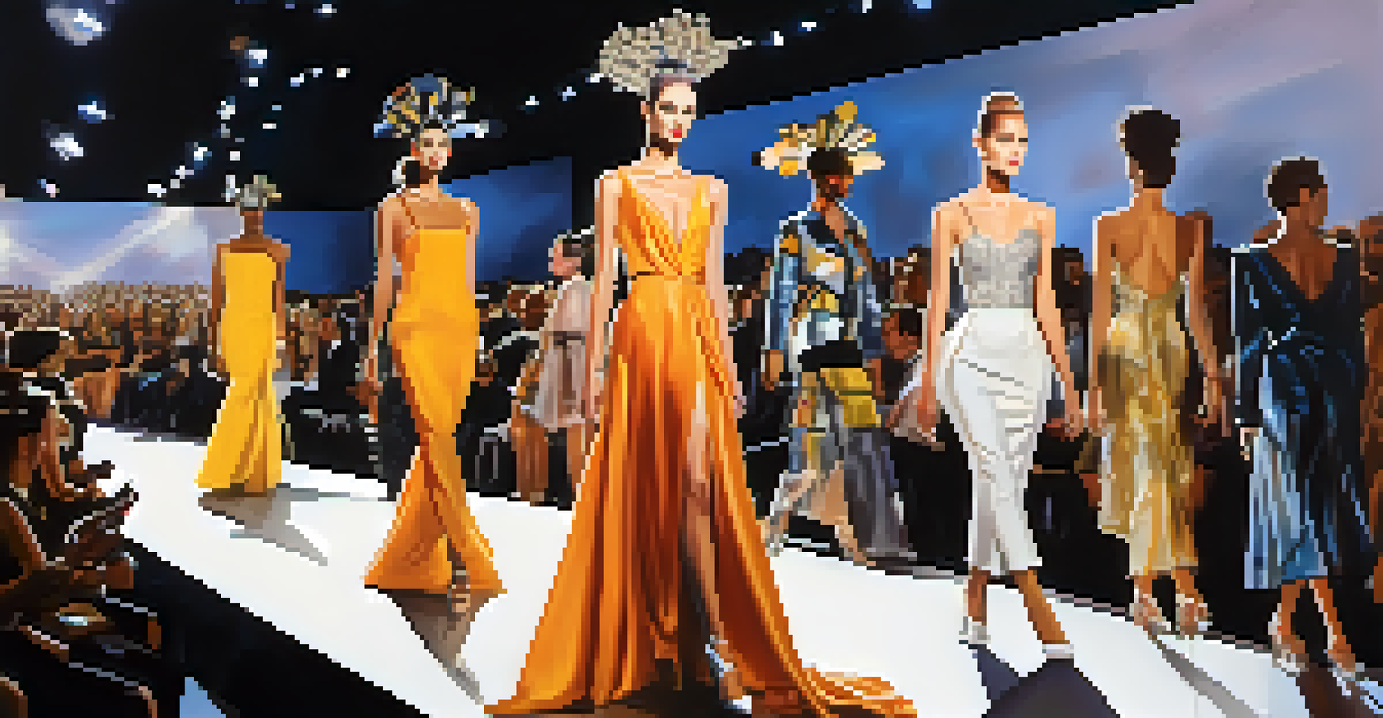 Models walking the runway in artistic fashion outfits at a vibrant fashion show, with an abstract art backdrop.