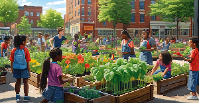 A group of diverse middle school students working together in a community garden in New York City, planting flowers and vegetables under bright sunlight.