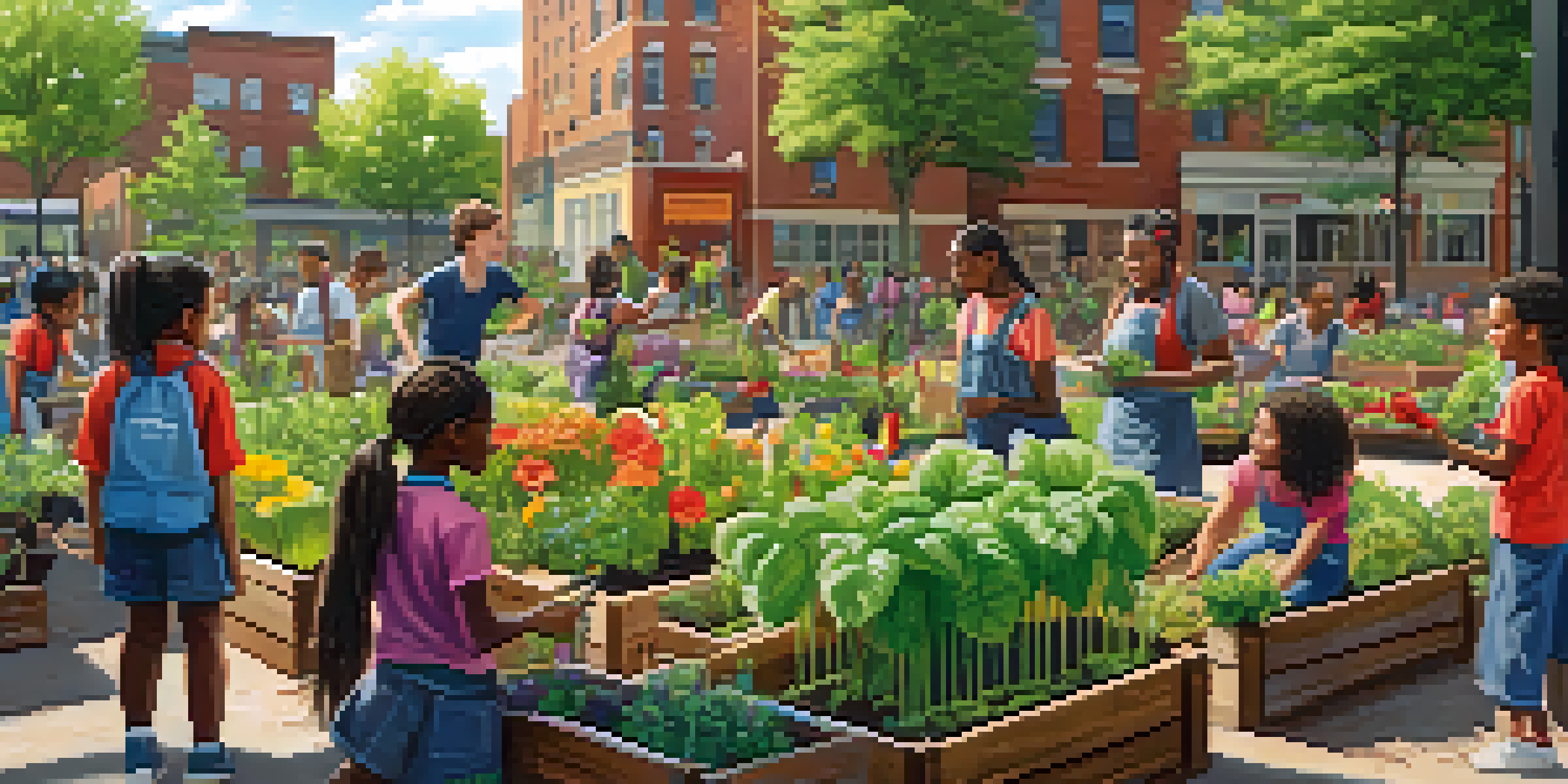 A group of diverse middle school students working together in a community garden in New York City, planting flowers and vegetables under bright sunlight.