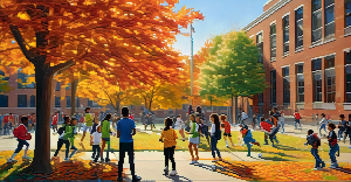 A diverse group of students participating in different extracurricular activities in a school courtyard, including soccer, painting, and debating, with colorful school banners in the background.