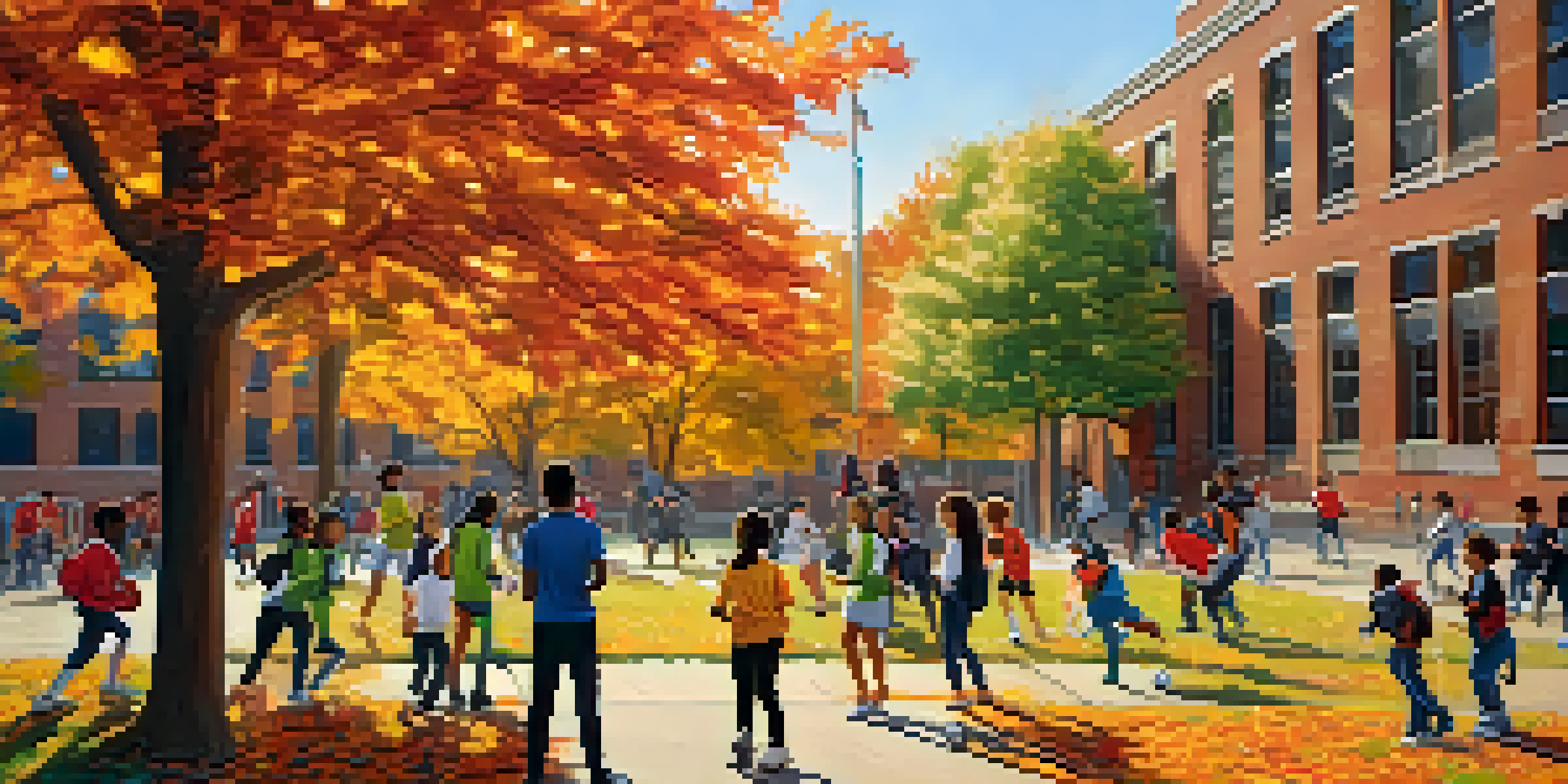 A diverse group of students participating in different extracurricular activities in a school courtyard, including soccer, painting, and debating, with colorful school banners in the background.