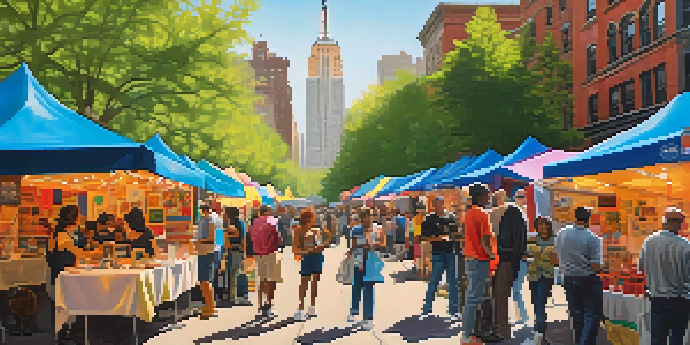 A lively street scene filled with artists and attendees at an NYC art festival, with colorful stalls and warm sunlight.
