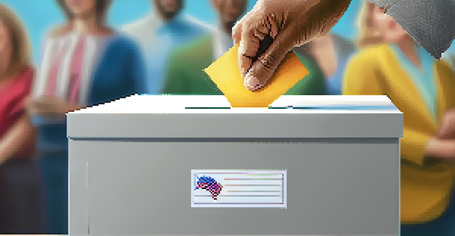A close-up image of a hand dropping a ballot into a voting box, emphasizing the act of voting with a blurred background.