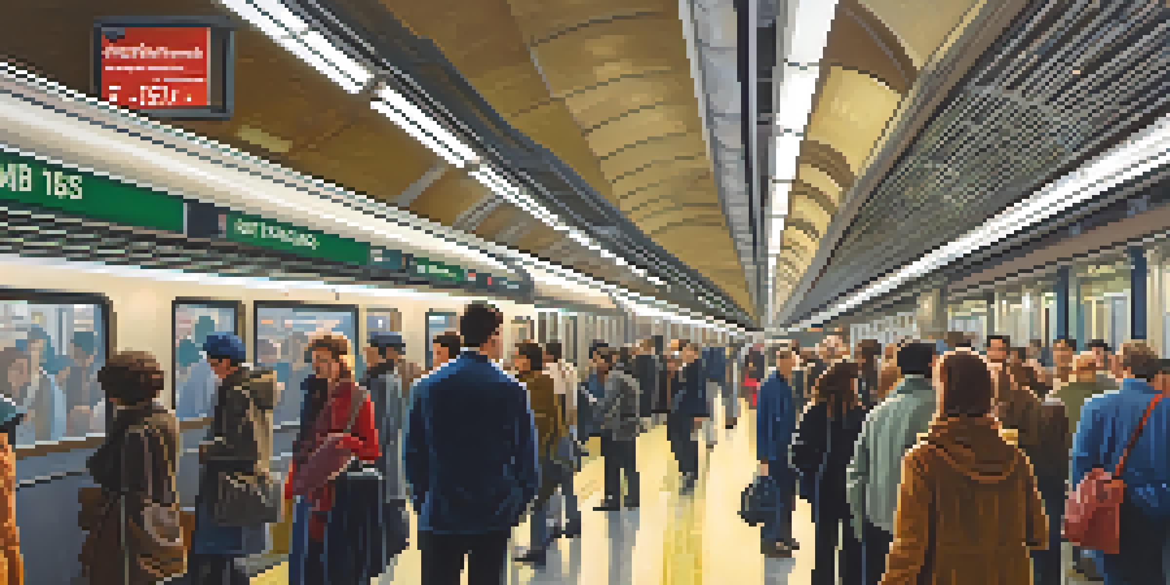 A busy New York City subway station filled with diverse commuters, showcasing modern features like digital displays and bright lighting.