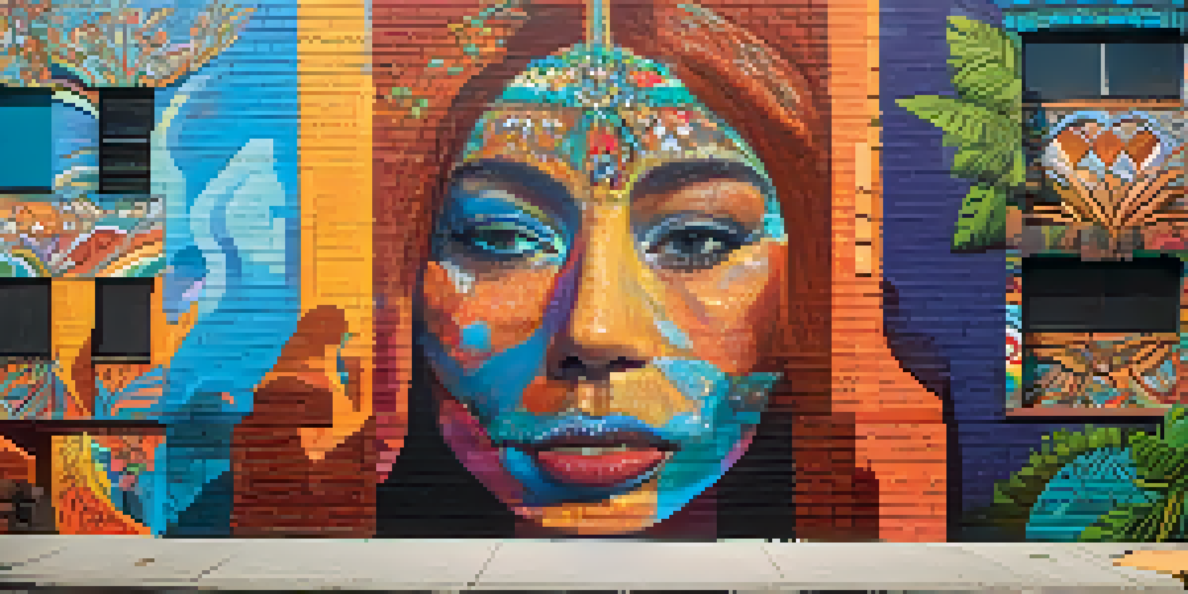 A colorful street mural in Bushwick celebrating Puerto Rican heritage, featuring intricate designs and portraits against an urban backdrop.