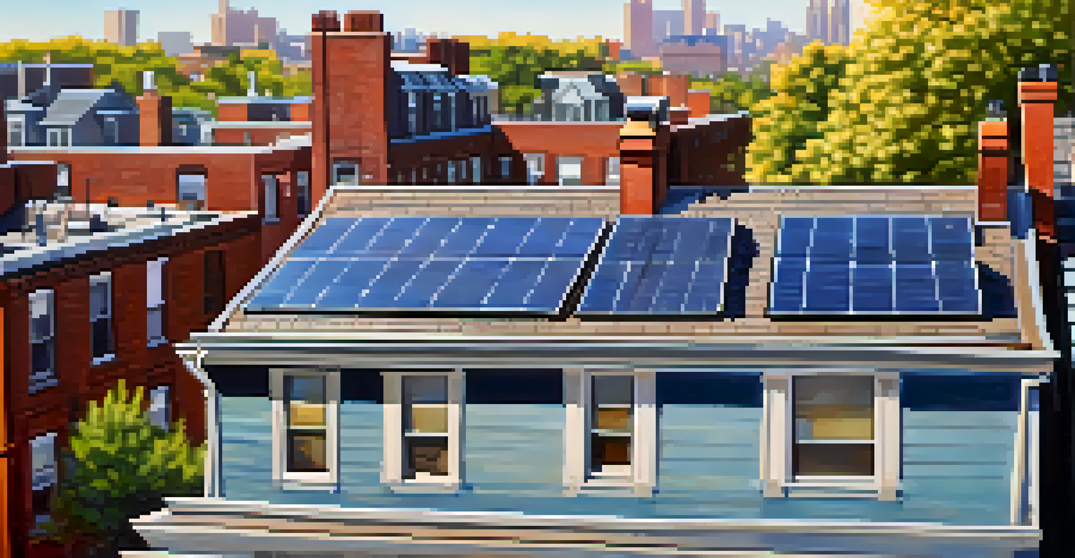 A close-up of solar panels on a residential roof in Brooklyn, surrounded by trees and a clear blue sky.