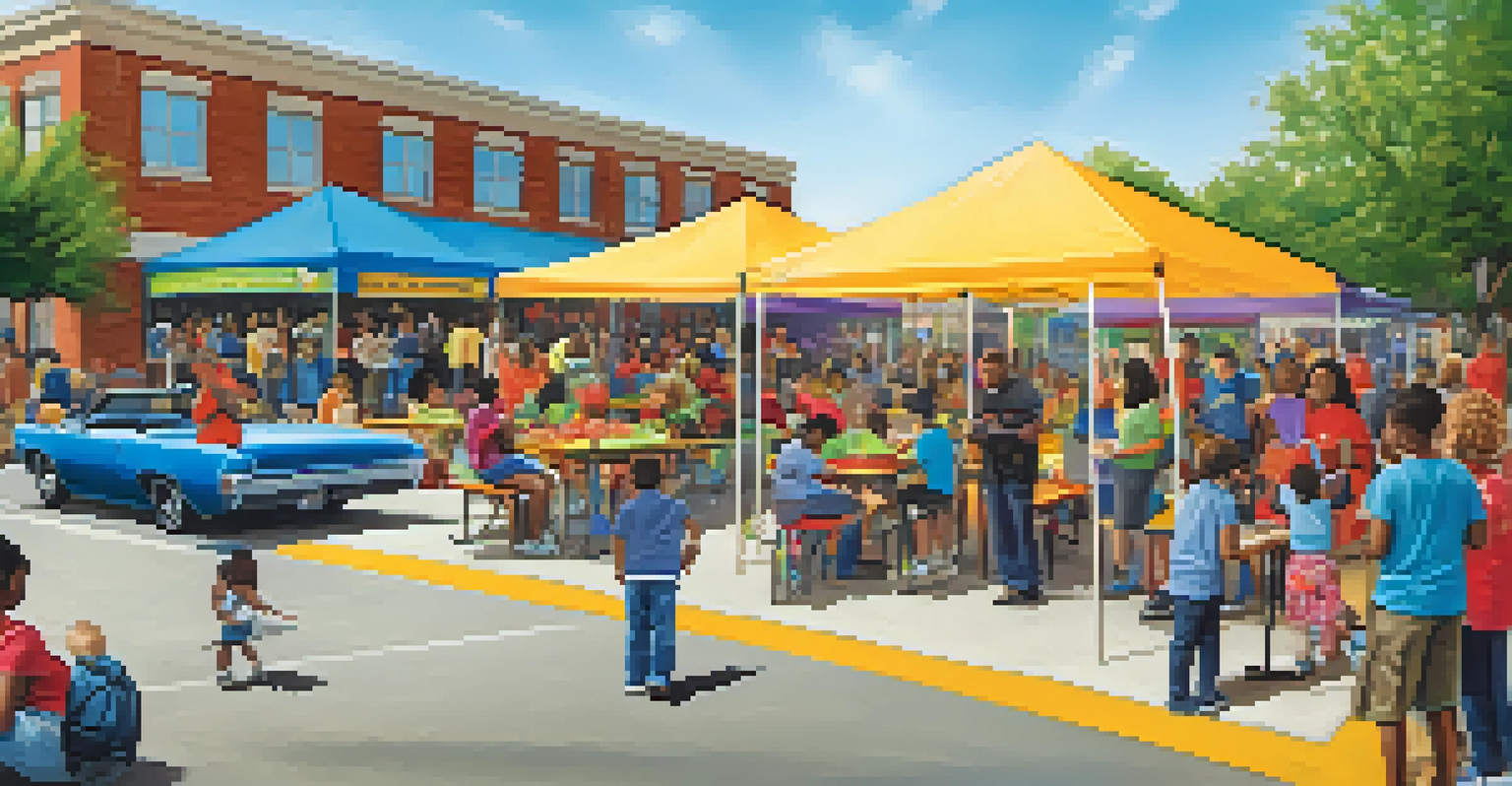 A lively community engagement event in a schoolyard with families and local businesses interacting.