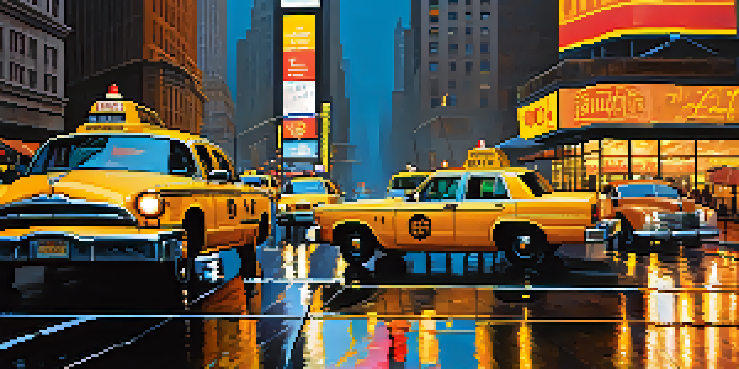 A busy street in New York City on a rainy day, with yellow cabs and car services, neon signs, and pedestrians with umbrellas.