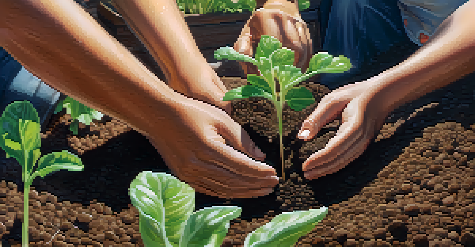 Hands planting seeds in a community garden, symbolizing teamwork and collaboration with sunlight shining through.