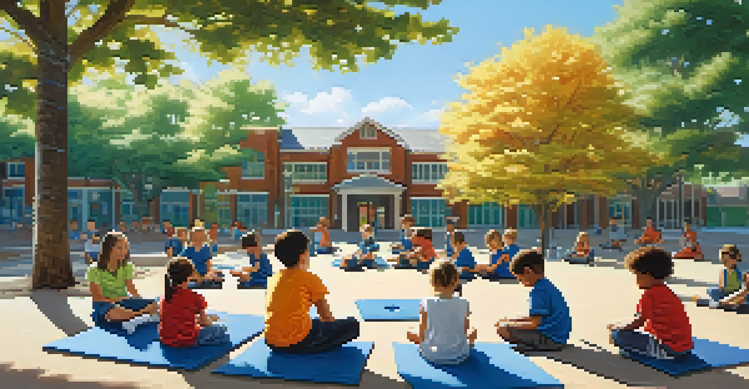 Children practicing mindfulness on a playground, with some sitting on mats and others playing together in a bright and cheerful outdoor setting.