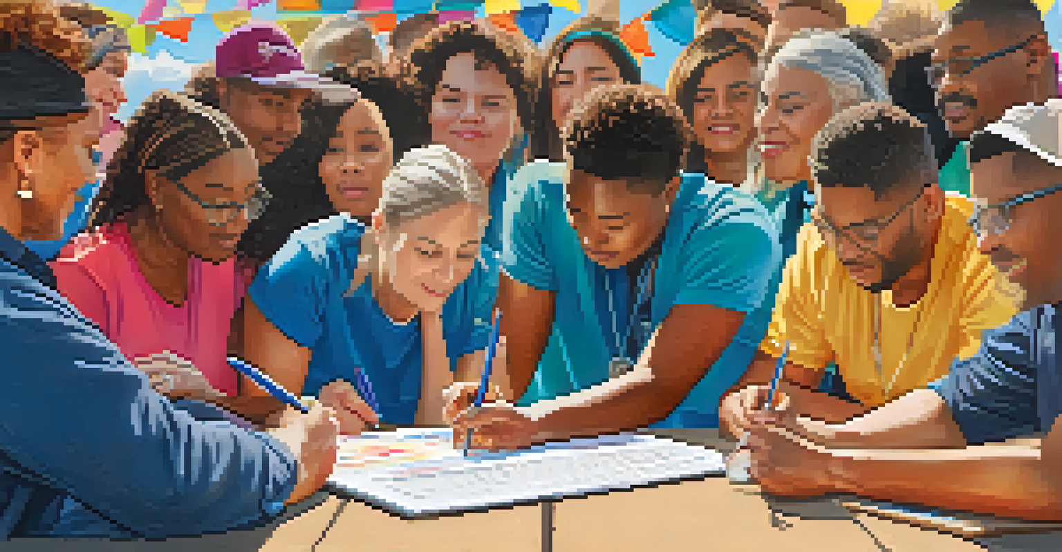 Close-up of hands signing a petition with a banner in the background promoting community change.