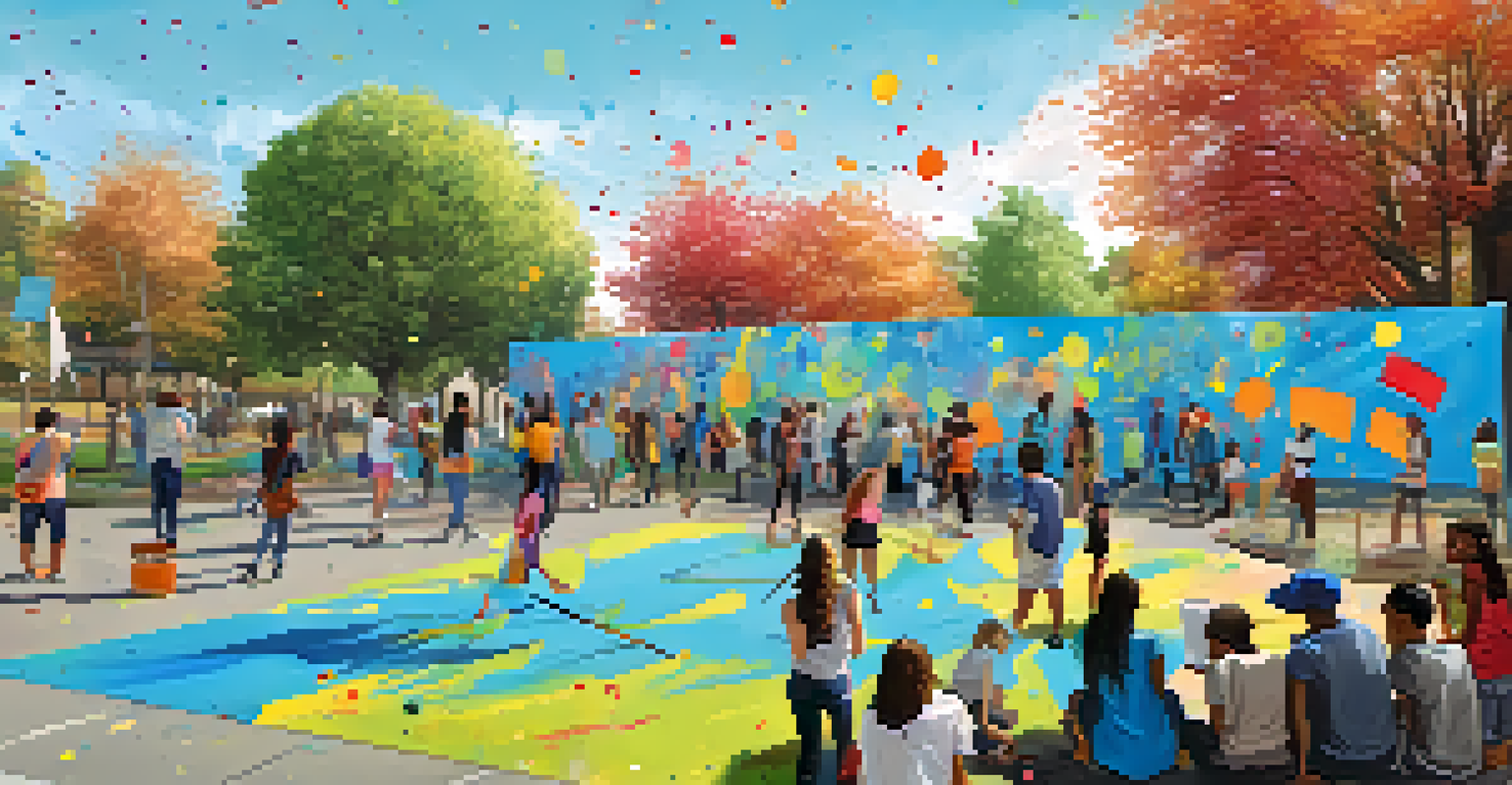Teenagers actively painting a mural in a park, focusing on social justice themes, with paint tools and bright colors surrounding them.