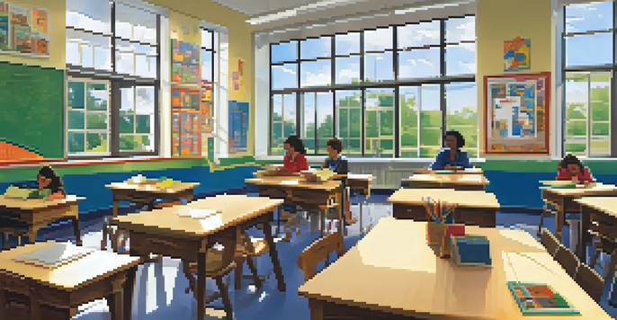 A bright and inviting classroom with diverse students working together on a project, surrounded by colorful educational materials.