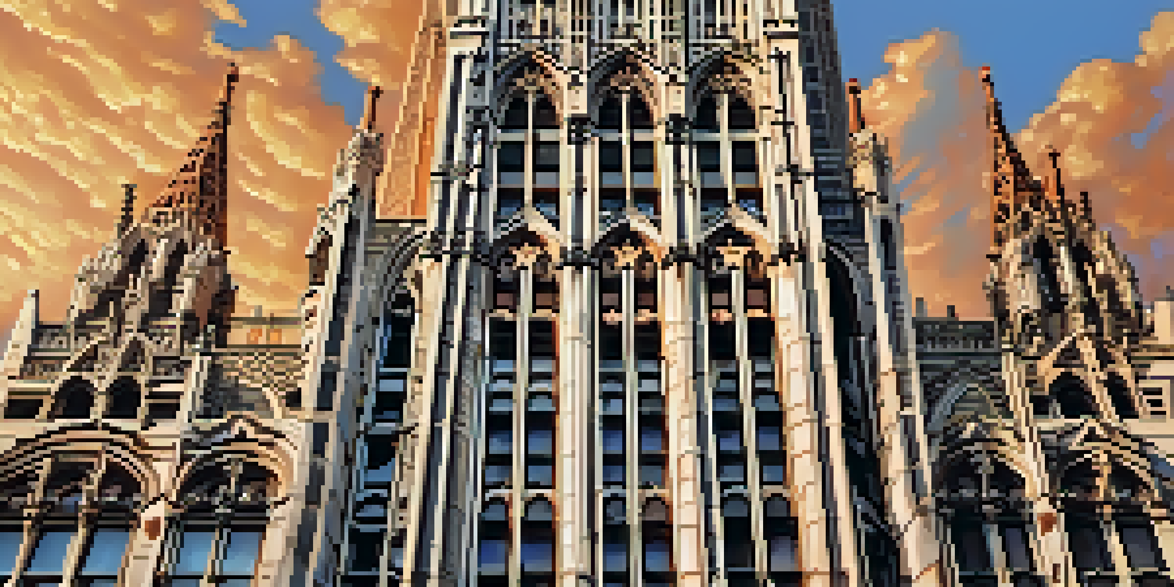 A view of the Woolworth Building, emphasizing its detailed terracotta facade and tall spire against a sunset sky.