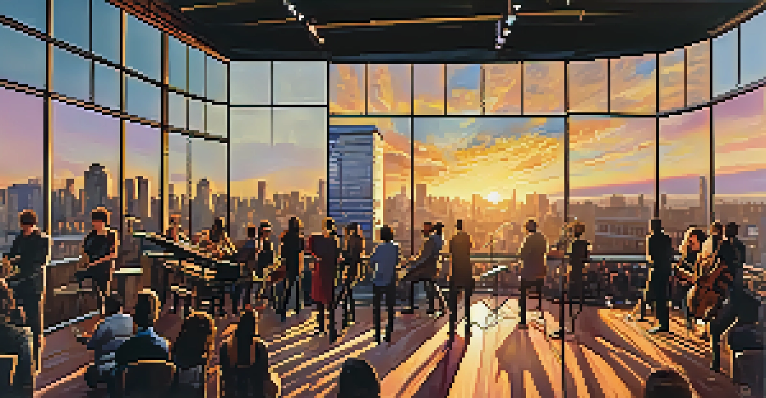 A panoramic view of a live concert at the Highline Ballroom with sunset reflections on the city skyline.