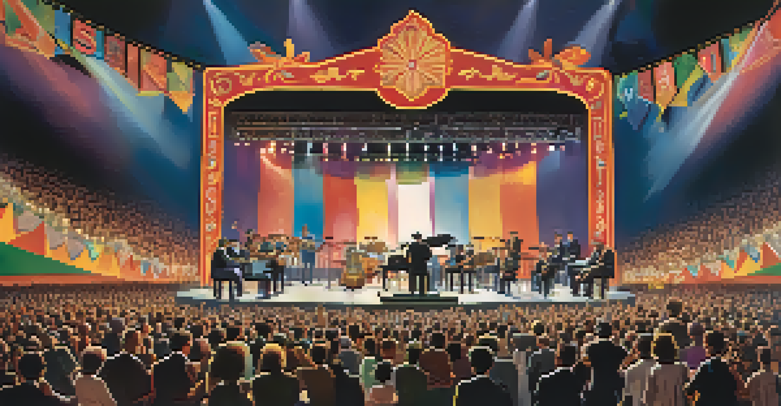 A musical concert in the 1960s with musicians on stage and an enthusiastic crowd, featuring peace symbols.