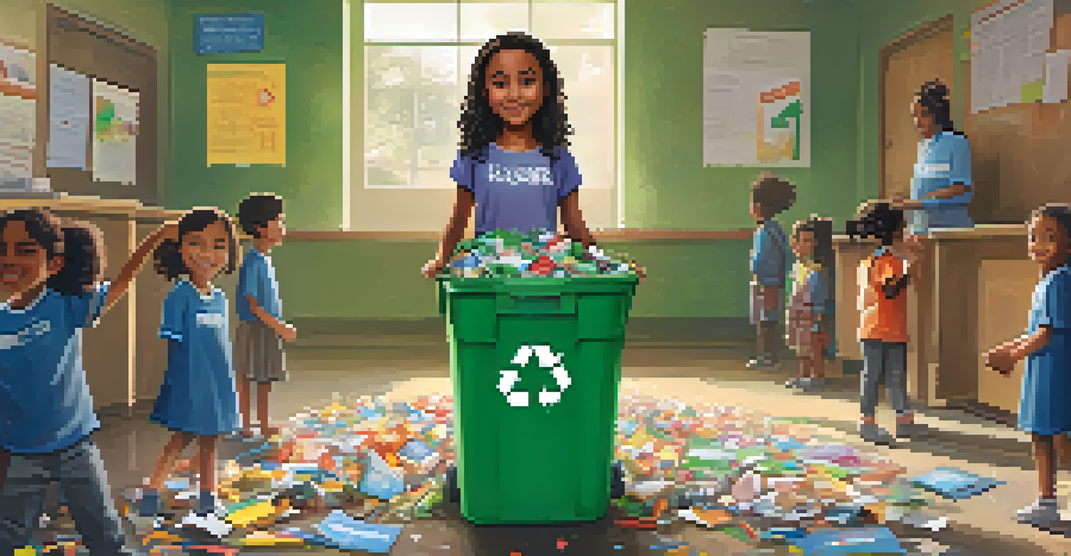A young girl confidently leading a recycling program in her school, standing in front of a recycling bin with a motivational sign.