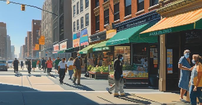 A busy New York City street with people wearing masks and maintaining social distance, highlighting the impact of COVID-19.