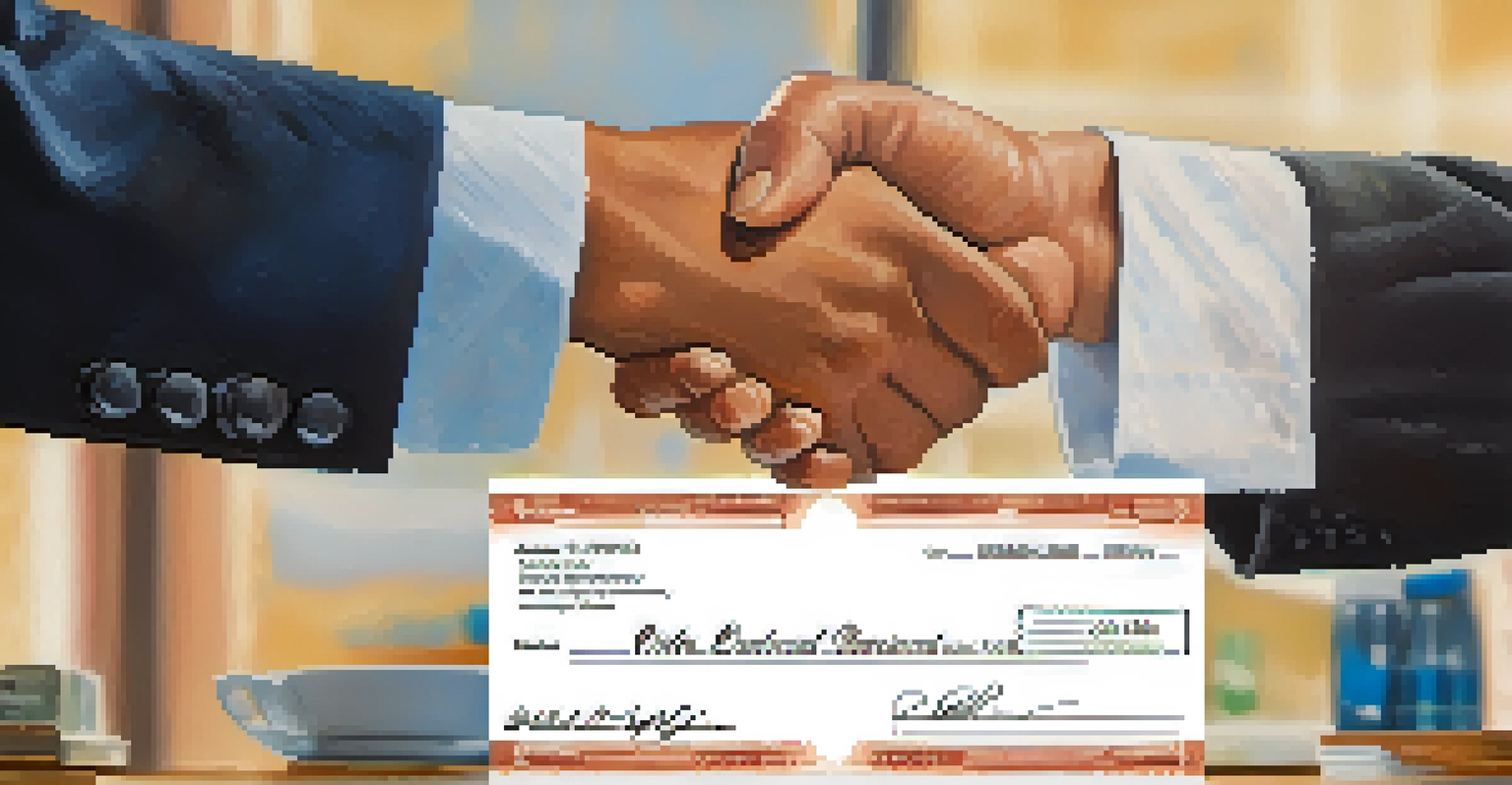 A donation check being exchanged between a corporate employee and a nonprofit representative in an office, with a focus on the check and motivational posters in the background.
