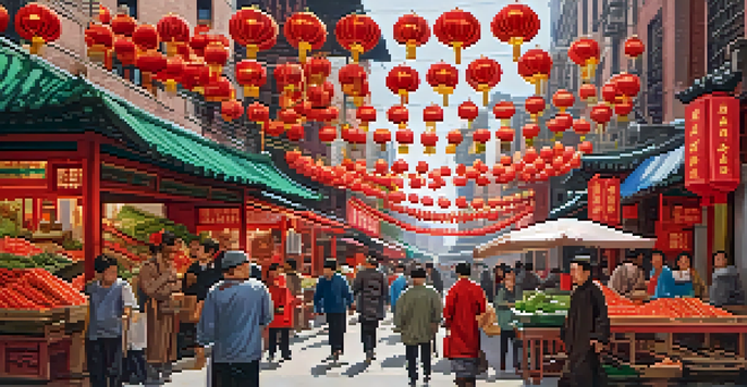 A lively marketplace in Chinatown, New York City, featuring colorful stalls, fresh produce, and people interacting with vendors.