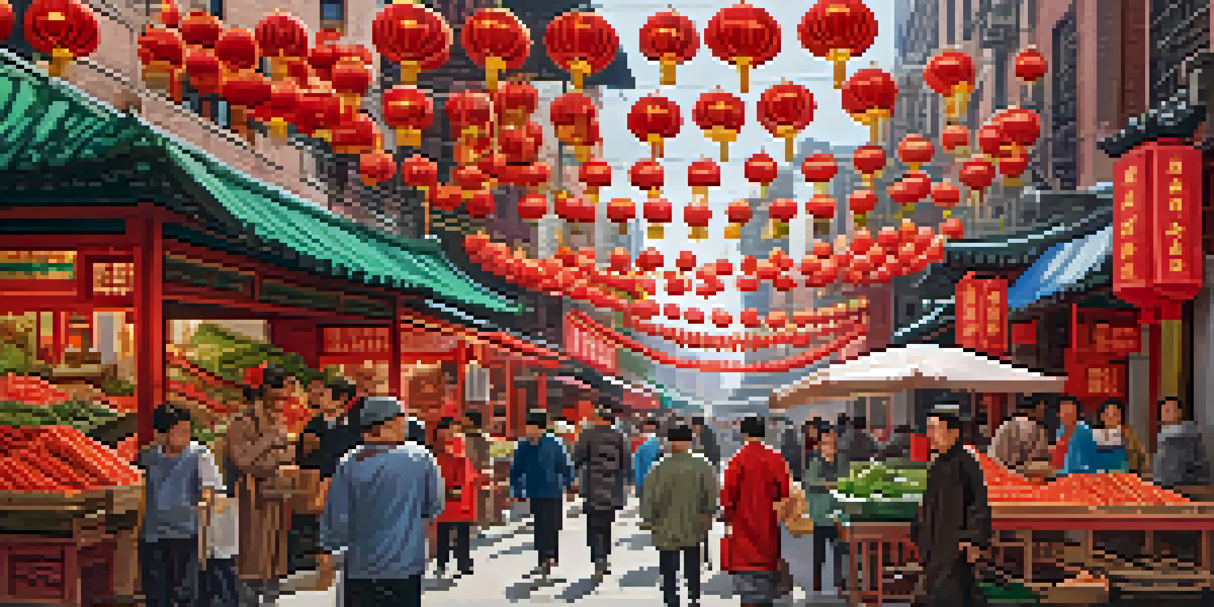 A lively marketplace in Chinatown, New York City, featuring colorful stalls, fresh produce, and people interacting with vendors.