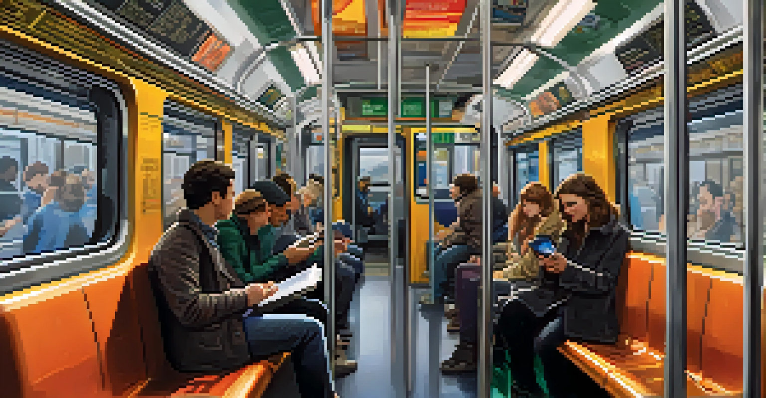 Interior of a New York City subway car with passengers and modern features like digital signage.