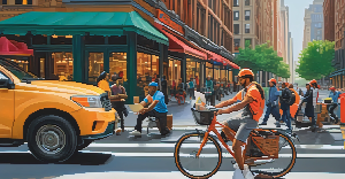 A busy street in New York City showing diverse gig workers, including a delivery cyclist, a graphic designer at a café, and a ride-share driver, with NYC buildings in the background.