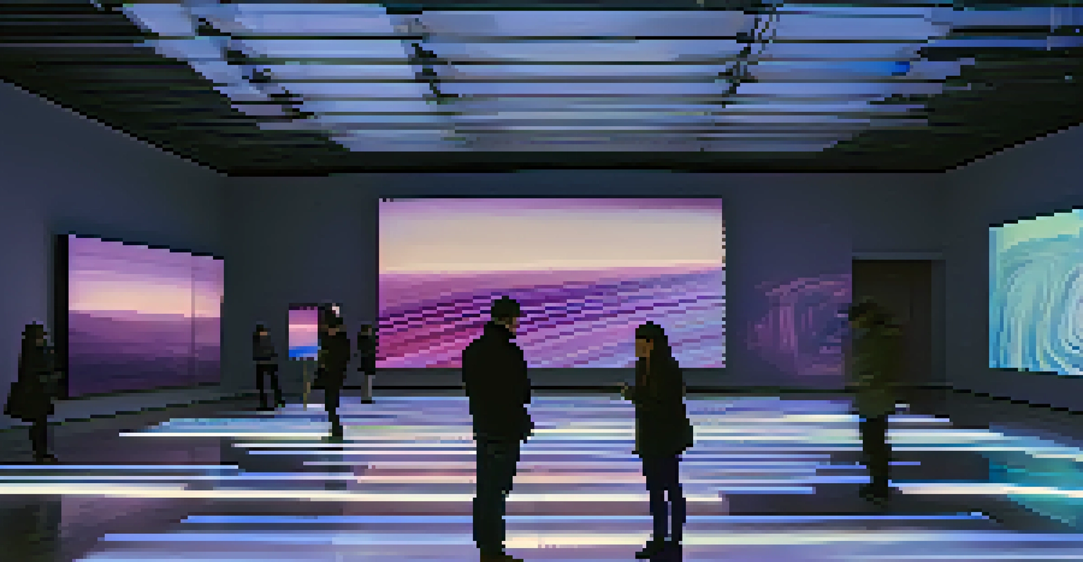 An interactive art installation with changing digital visuals that respond to viewers, surrounded by blue and purple lighting.