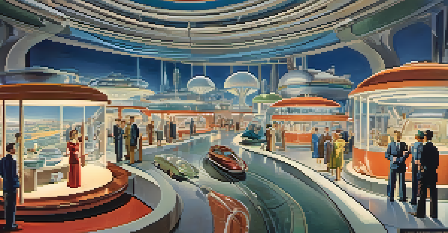 Interior view of the Futurama exhibit with a model of a futuristic city, featuring highways and automated homes, illuminated by soft lights.