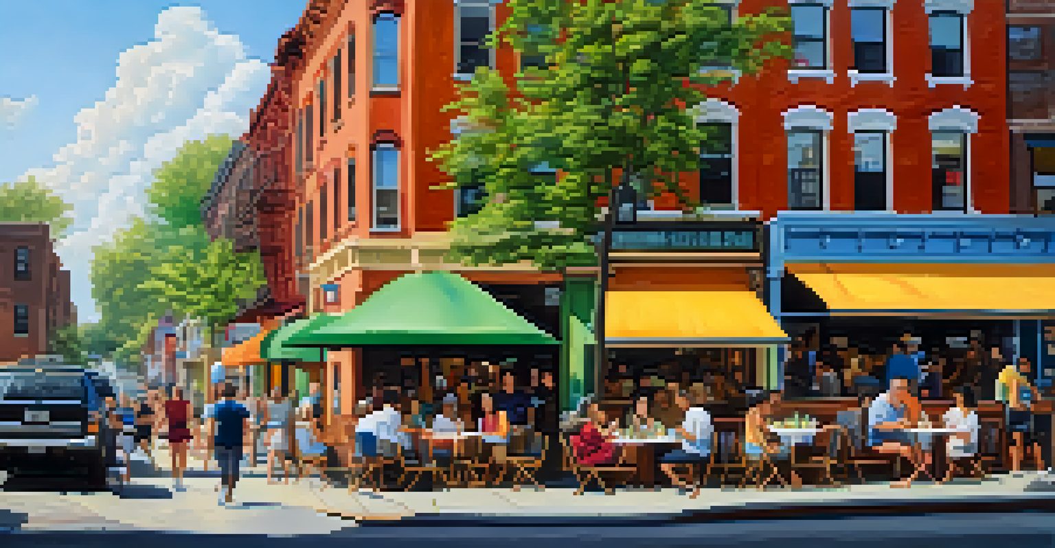 A bustling street scene in Astoria, Queens, with outdoor dining and colorful murals.