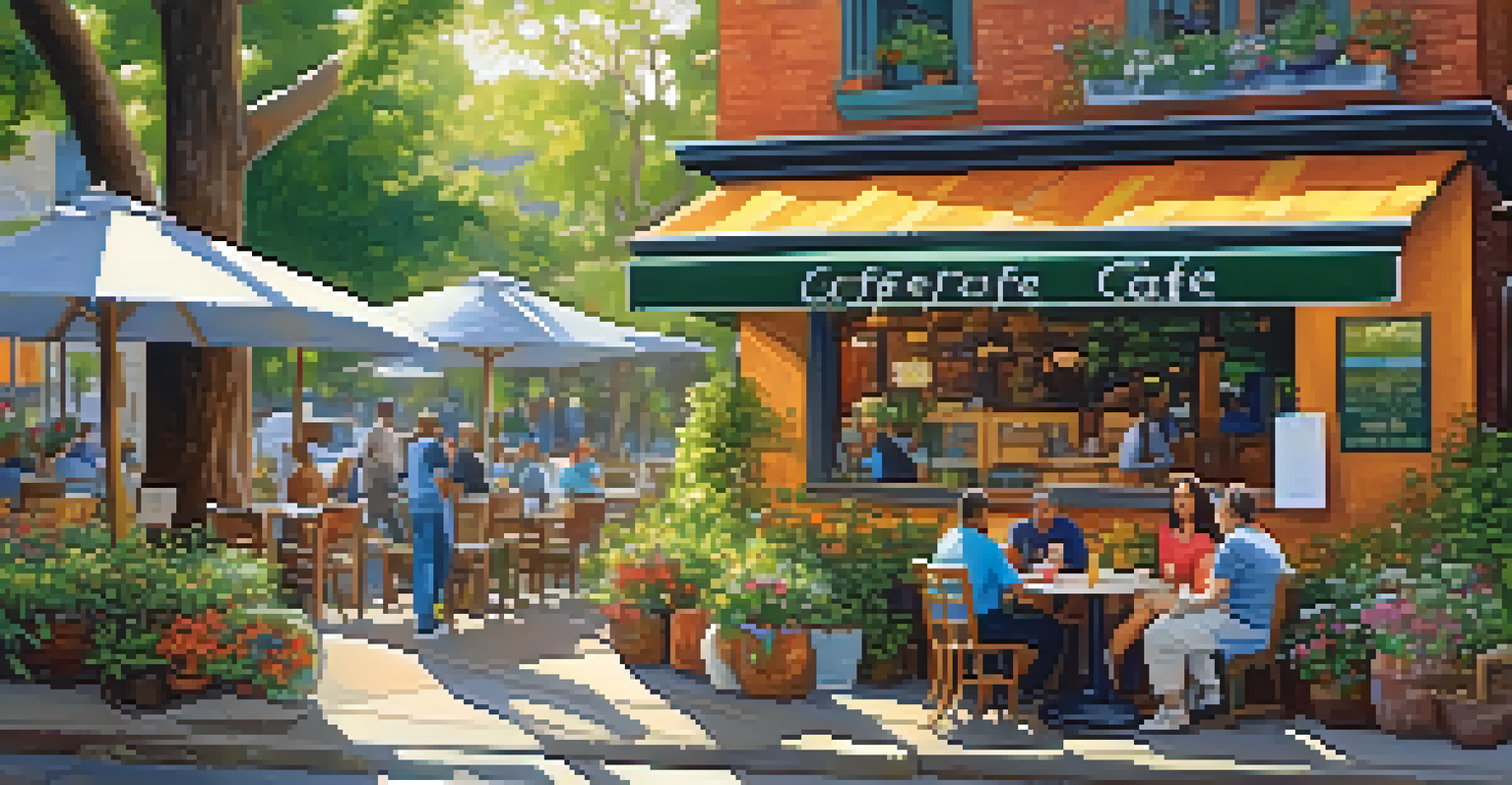 A cozy café surrounded by public art installations with patrons enjoying coffee outside.