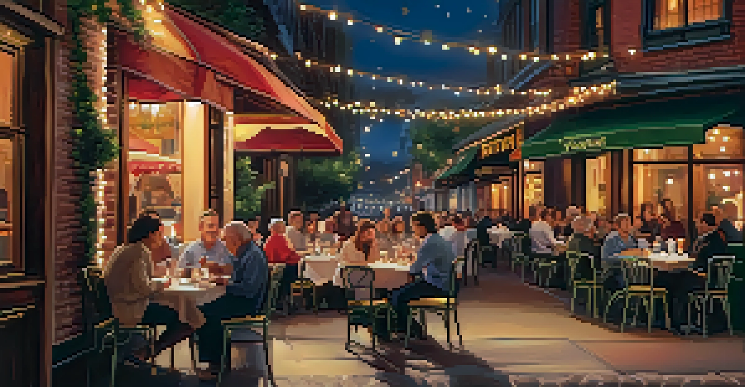 Outdoor dining scene in Little Italy with tables, diners enjoying Italian food, and twinkling fairy lights creating a warm atmosphere.