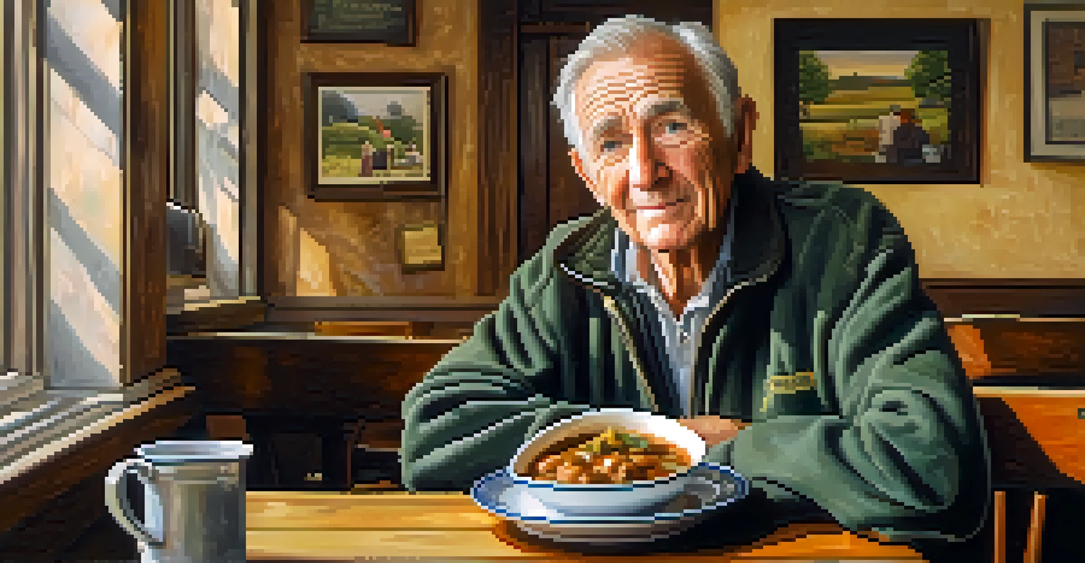 An elderly Irish immigrant enjoying a bowl of stew in a cozy café, surrounded by warm lighting and Irish memorabilia.