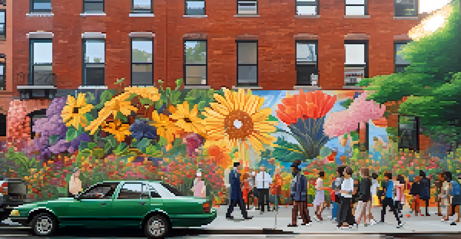 A public space in New York City with a vibrant mural depicting community resilience, surrounded by greenery.