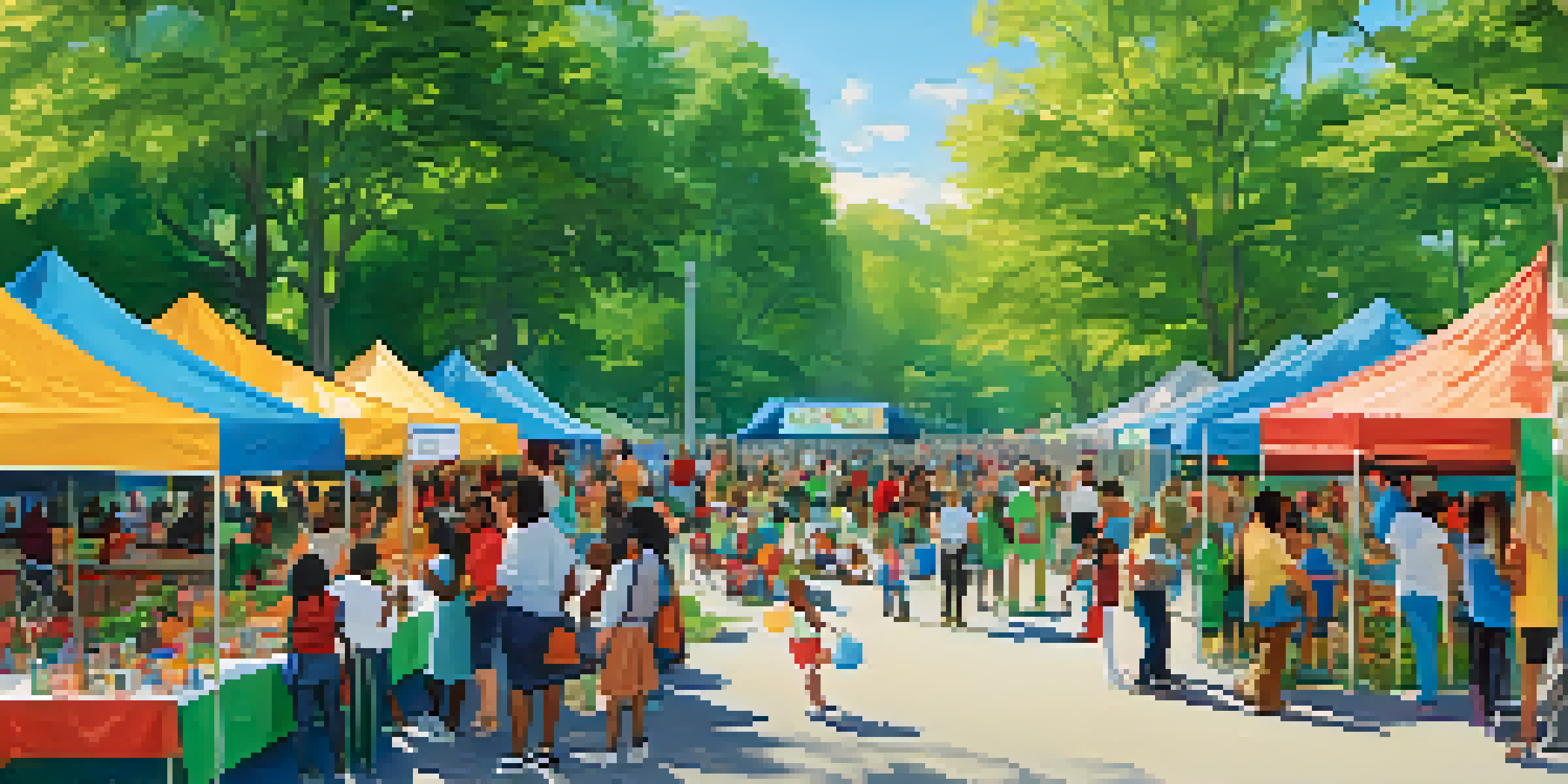 A lively health fair in a park with diverse attendees, colorful tents, and children playing, promoting health and wellness.