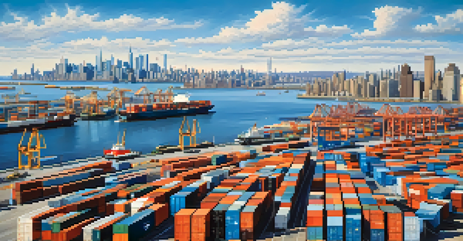 An aerial view of the Port of New York and New Jersey filled with shipping containers and cargo ships, against the Manhattan skyline under clear blue skies.