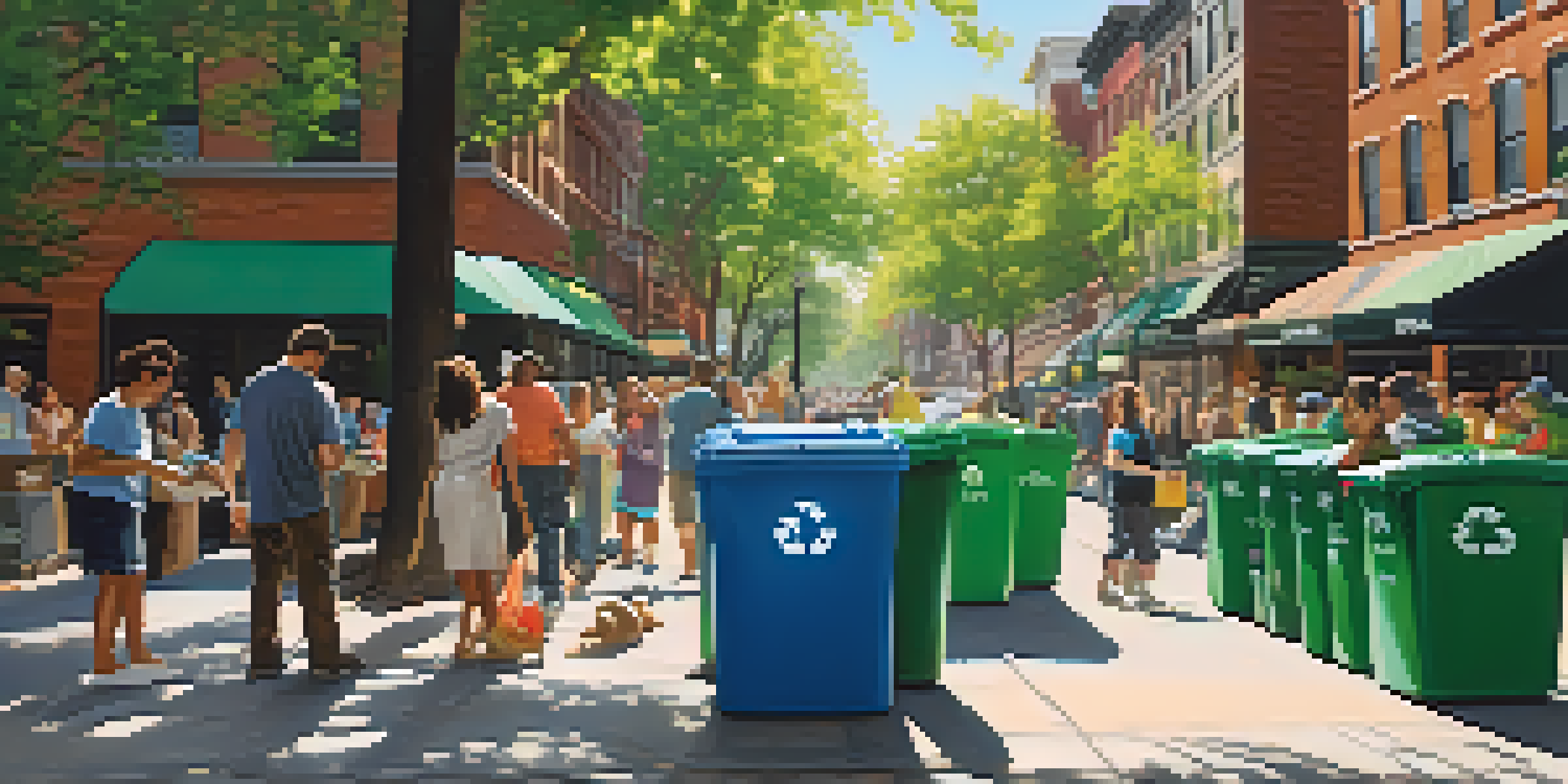 A lively New York City street with residents participating in recycling, sorting materials into bins under sunlight and greenery.